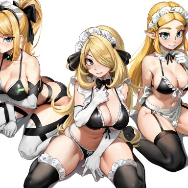 breath of the wild, metroid, nintendo, pokemon, pokemon dppt, the legend of zelda, cynthia (pokemon), princess zelda, samus aran, laz gm, 3girls, apron, bikini, blonde hair, bow tie