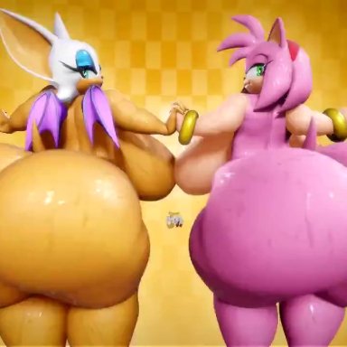 sonic (series), amy rose, rouge the bat, tails the fox, vulkyasha, anthro, areola, bat, erect nipples, female, fox, hedgehog, huge ass, huge breasts, male