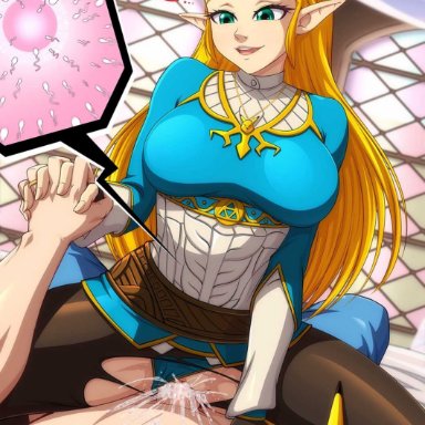 breath of the wild, nintendo, the legend of zelda, princess zelda, zelda (breath of the wild), reit, 1boy, blonde hair, clothed female nude male, clothed sex, cowgirl position, cum, cum in pussy, cum inside, female