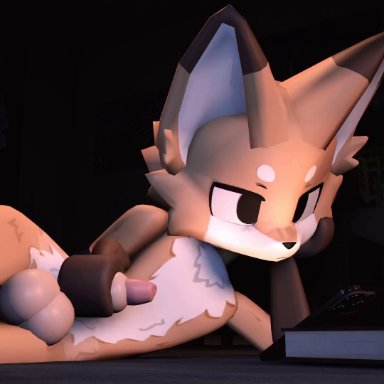 roblox, roblox rthro, roblox avatar, tpaktop, 1boy, animal genitalia, balls, book, bouncing balls, brown fur, femboy, feminine body, feminine male, fox, fox ears