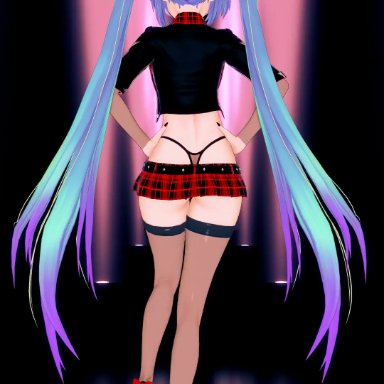 vocaloid, hatsune miku, kksallyear, ass, ass shake, black belt, black choker, black fingernails, black heels, black jacket, black sleeves, black stockings, black thong, black tubetop, blue hair