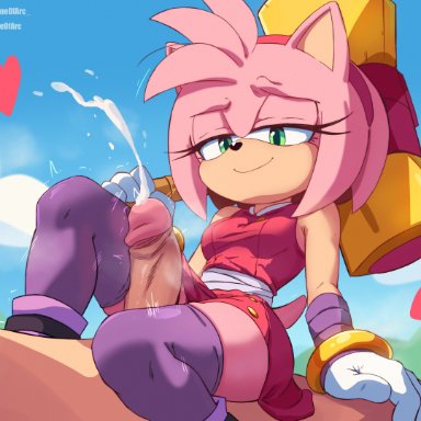 sega, sonic (series), sonic boom, sonic the hedgehog (series), amy rose, amy rose (boom), bone of arc, 1boy, big weapon, clothed female nude male, cum, cumming from thighjob, cumshot, ejaculation, eyelashes