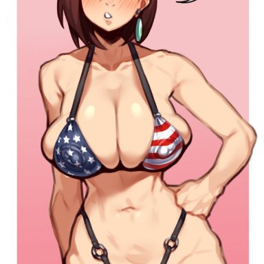 dandadan, ayase momo, gonzalocosta888, american flag, american flag bikini, american flag print, bikini, black choker, breasts, brown eyes, brown hair, choker, covered nipples, earrings, female