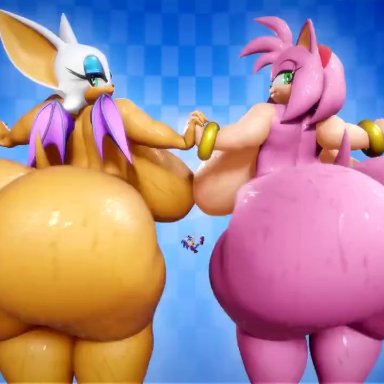 sega, sonic (series), sonic adventure 2, sonic the hedgehog (series), amy rose, mobian (species), rouge the bat, sonic the hedgehog, vulkyasha, anthro, ass, bat, big breasts, big butt, bodily fluids