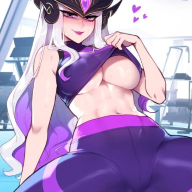 league of legends, riot games, syndra, anemoi, 1female, 1girls, blush, breasts, female, front view, gym, gym clothes, gym clothing, gym uniform, headgear