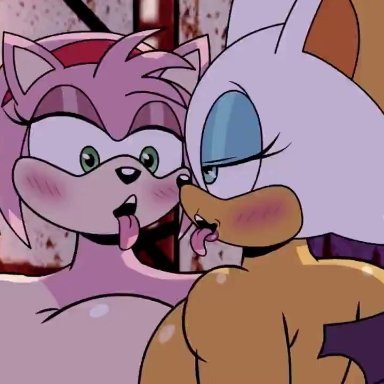 sonic (series), sonic the hedgehog (series), amy rose, mobian (species), rouge the bat, drawsputin, 1futa, 1girls, anthro, ass, breasts, completely nude, cum, female, futa on female