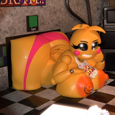 five nights at freddy's, five nights at freddy's 2, huge toy chica, toy chica (fnaf), ctgiantess, annoyed, annoyed expression, anthro, anthro only, ass cleavage, ass focus, ass squish, bottomwear, female, female only