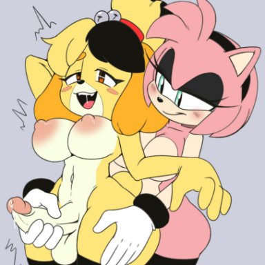 animal crossing, doubutsu no mori, nintendo, sega, sonic (series), amy rose, isabelle (animal crossing), shizue (doubutsu no mori), pepamintop, anthro, big balls, big breasts, big penis, from behind, futanari