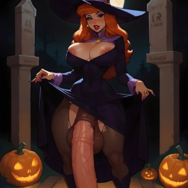 halloween, scooby-doo, daphne blake, supermanson, bat, cemetery, costume, cum, cum on floor, equine penis, flaccid, futanari, heels, horse penis, horsecock