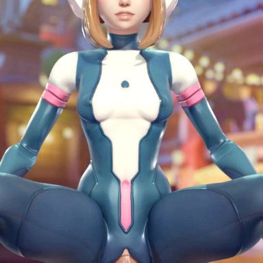 my hero academia, overwatch, overwatch 2, juno (overwatch), ochako uraraka, ochako uraraka (hero outfit), artist request, 1boy, 1boy1girl, 1girls, blender, bodysuit, brown hair, clothed female nude male, clothing cutout