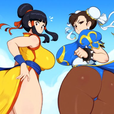 dragon ball, dragon ball super, dragon ball z, street fighter, street fighter v, chichi, chun-li, mullon, 2girls, ass, big breasts, china dress, chinese, chinese clothes, duo