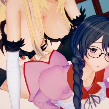 bakemonogatari, monogatari (series), hanekawa tsubasa, hikaku, kiaps, 1futa, 1girls, bed, black legwear, cum, futa on female, futanari, glasses, huge breasts, lingerie