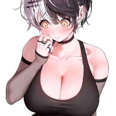 hololive, hololive english, hololive english -advent-, shiori novella, prab, 1girls, black hair, breasts, female, huge breasts, light skin, light-skinned female, short hair, tank top, white hair