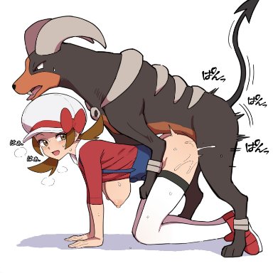 nintendo, pokemon, pokemon hgss, generation 2 pokemon, houndoom, lyra (pokemon), pokemon (species), hentamonn, 1boy, 1girls, all fours, breasts, breasts out, brown eyes, brown hair