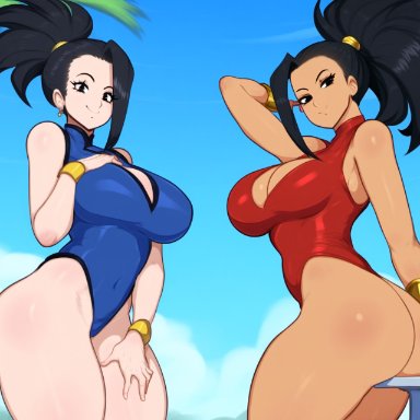 boku no hero academia, dragon ball, dragon ball super, my hero academia, kale, momo yaoyorozu, mullon, 2girls, alien, alien girl, alien/human, beach, big breasts, bikini, black hair