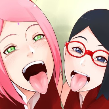 boruto: naruto next generations, naruto, naruto (series), sakura haruno, sarada uchiha, sunahara wataru, 2girls, adult and teenager, age difference, ahe gao, begging for cum, black eyes, black hair, blue eyes, blush