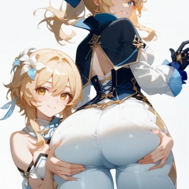 genshin impact, jean gunnhildr, lumine (genshin impact), mako (artist), ass grab, athletic female, back view, backboob, bare thighs, big ass, big breasts, big butt, blonde hair, blue eyes, fat ass