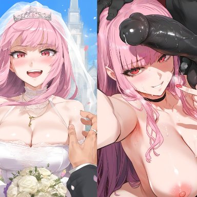 hololive, hololive english, hololive myth, mori calliope, 2boys, affair, before and after, blush, bouquet, bracelet, breasts, cheating, cheating on wedding day, cheating wife, church