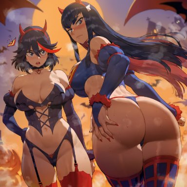 halloween, kill la kill, kiryuuin satsuki, matoi ryuuko, shexyo, 2girls, ass, big ass, big balls, big breasts, black hair, busty, butt, cleavage, cosplay