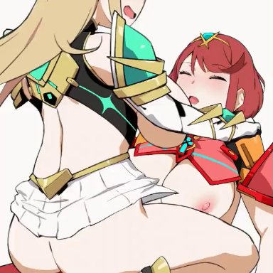 xenoblade (series), mythra, pyra, bakkanki, satoriwappa, 1futa, 1girls, ass, blonde hair, breasts, cowgirl position, duo, erection, female, female focus