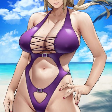 naruto, naruto (series), naruto shippuden, tsunade, yoshi55level, yoshio (55level), 1girls, bangs, bare shoulders, beach, bikini, blonde female, blonde hair, blue sky, breasts