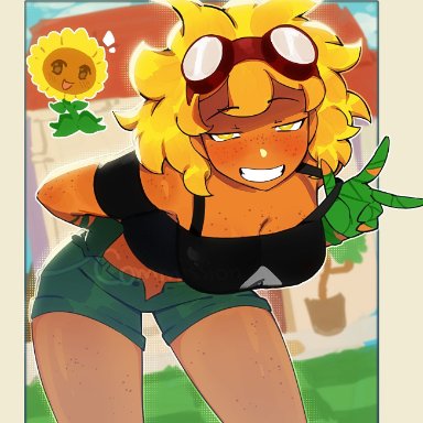 plants vs zombies, plants vs zombies: heroes, pvz, solar flare (peargor), solar flare (pvz), sunflower (pvz), meow boop, 1girls, blonde hair, blush, bra, bra strap, cleavage, crop top, denim