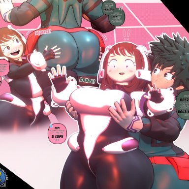 my hero academia, shounen jump, izuku midoriya, ochako uraraka, xscapism, 1boy, 1girls, ass grab, big ass, big breasts, breast grab, brown eyes, brown hair, femboy, femboy on female