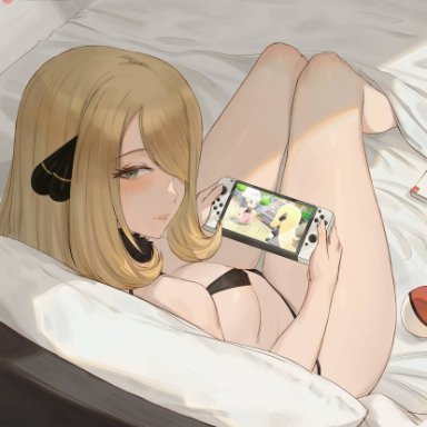 nintendo, nintendo switch, pokemon, pokemon bdsp, pokemon dppt, cynthia (pokemon), dawn (pokemon), lsls, 1girls, bed, bikini, black bikini, black swimsuit, blonde hair, breasts