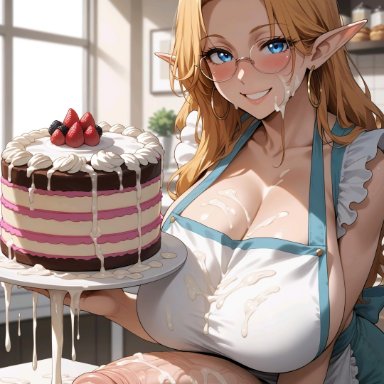 patreon, original character, cathy powers, apron, bakery, blonde hair, blush, bukkake, cake, cleavage, cum, cum on body, cum overflow, earrings, elf