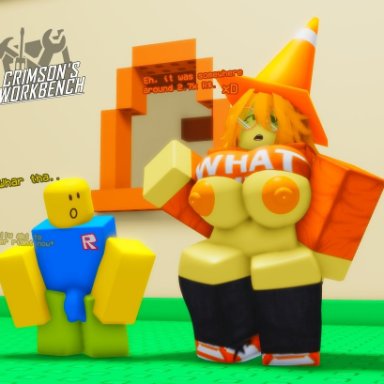 roblox, becca (stob nsfw), noob, roblox avatar, robloxian, crimstuff, 1boy, 1girls, bottomless, breasts, breasts out, bulge, nipples, orange hair, orange shirt