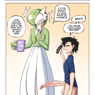 pokemon, gardevoir, generation 3 pokemon, saltyxodium, big balls, big penis, huge cock, long penis, looking at penis, male/female, morning wood, mug, size difference, toothbrush, blur censor