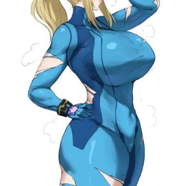 metroid, samus aran, batako, batako (batakoart), 1girls, alternate breast size, arm up, blonde hair, blue eyes, breasts, covered navel, female, from side, hand on own head, hand on own hip