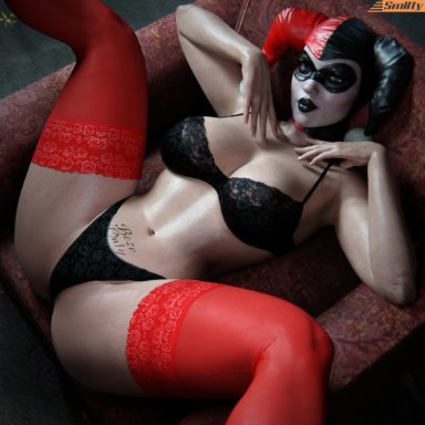 batman (series), harley quinn, harley quinn (classic), smitty34, 1girls, black bra, black panties, blender, bra, female, female focus, female only, grey skin, large breasts, lingerie