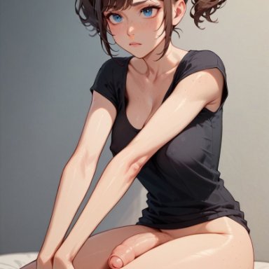 santopati, 1futa, balls, bangs, bed, big breasts, big penis, black shirt, blue eyes, blush, bottomless, brown hair, cleavage, closed mouth, confusion