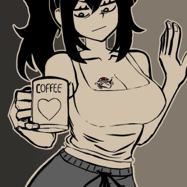 jujutsu kaisen, the coffin of andy and leyley, renee graves, black hair, coffee mug, milf, mug, ponytail, sukuna, tank top