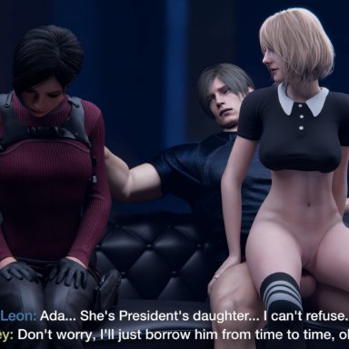 capcom, resident evil, resident evil 4 remake, ada wong, ashley graham, ashley graham (ella freya), leon kennedy, leon scott kennedy, redbox42, 2girls, 2girls1boy, anal sex, blonde female, cheating, couch