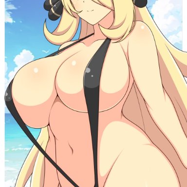 game freak, pokemon, pokemon dppt, cynthia (pokemon), ichiryuu tsumiki, 1girls, big breasts, black eyes, black sling bikini, blonde hair, breasts, cleavage, female, female only, hair