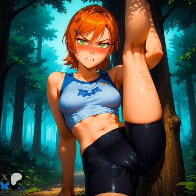 ben 10, gwen tennyson, minokai, angry, bike shorts, blush, cameltoe, crop top, female, forest background, green eyes, legs up, navel, orange hair, tsundere