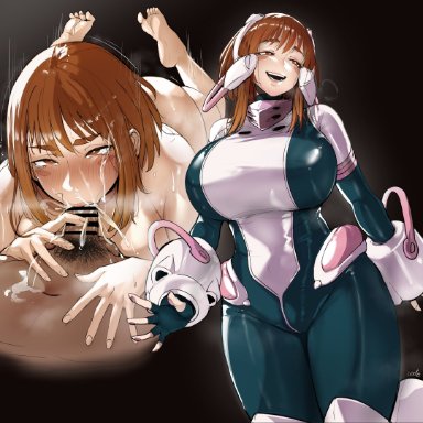 boku no hero academia, my hero academia, ochako uraraka, uraraka ochako, puzenketsu, 1boy, 1girls, black bodysuit, black gloves, blush, bodysuit, breasts, brown eyes, brown hair, cum