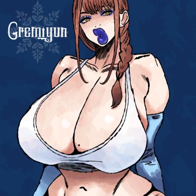 chainsaw man, makima (chainsaw man), gremiyun, big breasts, bimbo, bimbo lips, bimbofication, blue lipstick, brown hair, gyaru, huge breasts, makeup, milf, milfification, mole