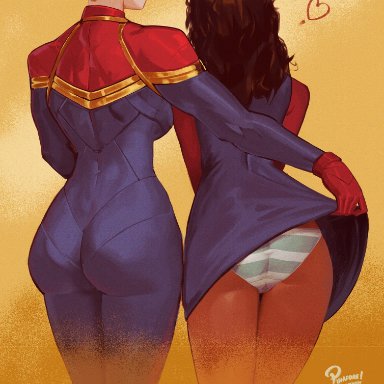 captain marvel (movie), marvel, marvel cinematic universe, marvel comics, ms. marvel (series), captain marvel, carol danvers, ms. marvel, ms. marvel (kamala khan), pinafore (artist), 2girls, ass, ass focus, assisted exposure, back view