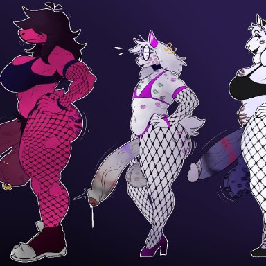 deltarune, undertale, ralsei, susie (deltarune), toriel, gayplantsex, 1boy, 2futas, anthro, ass, ass bigger than head, balls, big ass, big balls, big breasts