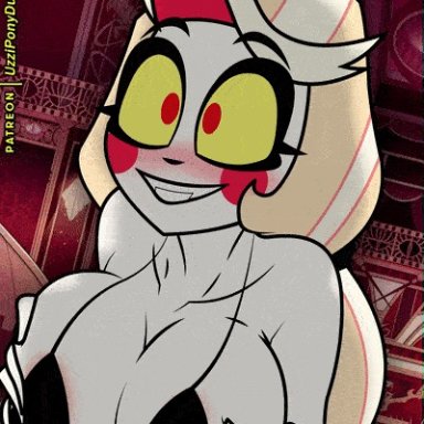 hazbin hotel, uzzi-ponydubberx, 1girls, areolae, big breasts, blonde hair, blood, blush, blushing, clothed, colored cum, cum, horns, micro bikini, smile