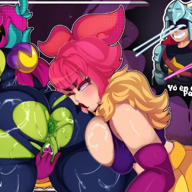 brawl stars, cordelius (brawl stars), draco (brawl stars), lily (brawl stars), melodie (brawl stars), ame momos, anus, big ass, big breasts, lipstick, oral, oral sex, pink hair, pussy, pussy juice