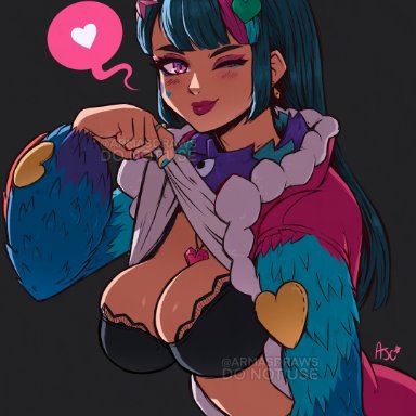 fortnite, fortnite: battle royale, dali (fortnite), armasdraws, big breasts, blue hair, bra, dyed hair, dyed-hair, exposed breasts, exposing chest, exposing self, fully clothed, green hair, heart symbol