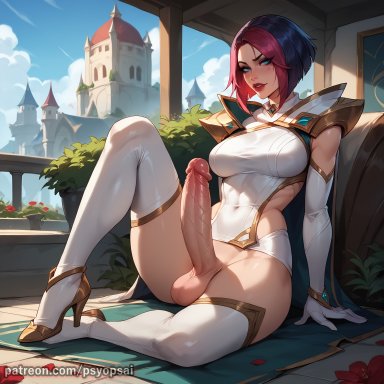 league of legends, fiora laurent, artist psyopsai, 1futa, big penis, clothed, clothing, erection, front view, futa only, futanari, huge cock, penis, short hair, solo