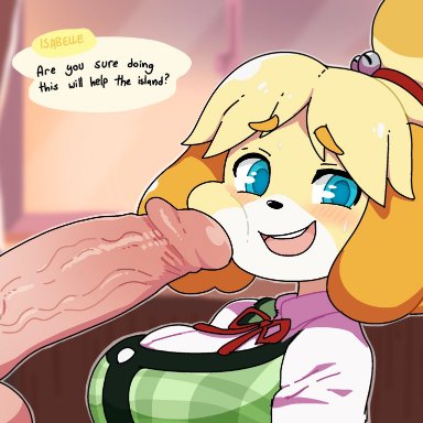 animal crossing, nintendo, isabelle (animal crossing), healerart, anthro, big breasts, big penis, blonde hair, blue eyes, breasts, canid, canine, canis, clothed, clothing