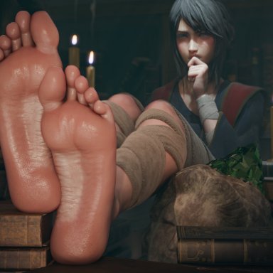 elden ring, sorceress sellen, zmsfm, 1girl, arm wraps, armwear, barefoot, black hair, blue eyes, book, candle, feet, feet together, feet up, foot fetish