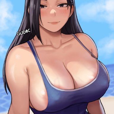 my hero academia, momo yaoyorozu, gud0c, 1girls, abs, areola slip, areolae, athletic female, beach, belly button, big breasts, black hair, blue clothing, blush, blushing at viewer