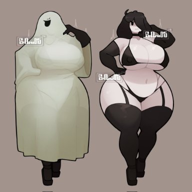 character request, srnava, 1girls, alternate costume, bikini, black gloves, black hair, black thighhighs, clothed, curvy, elbow gloves, facing viewer, female, female only, ghost costume